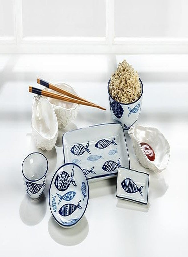 Abbott Collection Home and Kitchen Décor - Round Shallow Porcelain Serving Dish, 4" Diameter, White and Blue Fish Motif - Nautical Inspired Appetizer Plate - Image 5