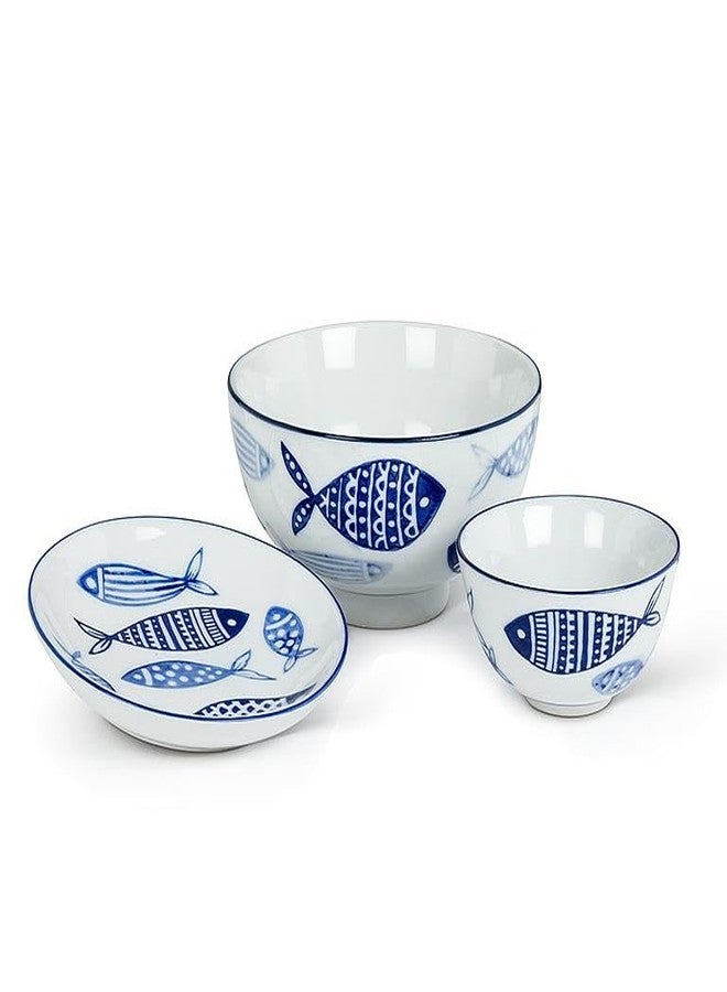 Abbott Collection Home and Kitchen Décor - Round Shallow Porcelain Serving Dish, 4" Diameter, White and Blue Fish Motif - Nautical Inspired Appetizer Plate - Image 3