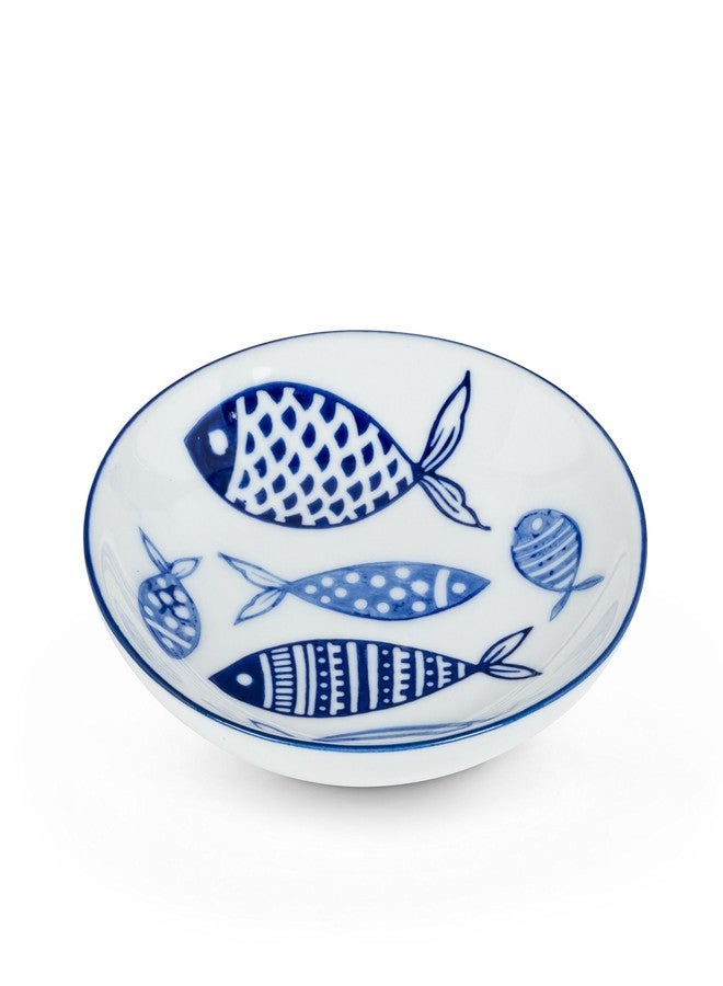 Abbott Collection Home and Kitchen Décor - Round Shallow Porcelain Serving Dish, 4" Diameter, White and Blue Fish Motif - Nautical Inspired Appetizer Plate - Image 2