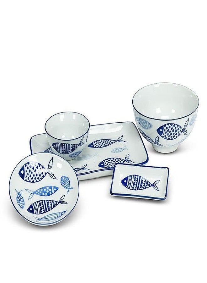 Abbott Collection Home and Kitchen Décor - Round Shallow Porcelain Serving Dish, 4" Diameter, White and Blue Fish Motif - Nautical Inspired Appetizer Plate - Image 4