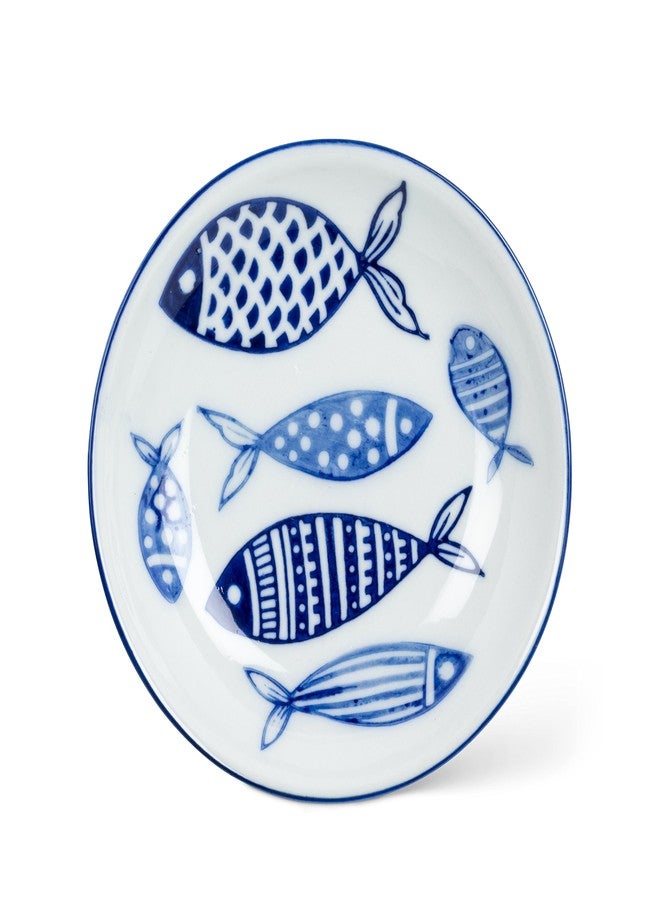 Abbott Collection Home and Kitchen Décor - Round Shallow Porcelain Serving Dish, 4" Diameter, White and Blue Fish Motif - Nautical Inspired Appetizer Plate - Image 1
