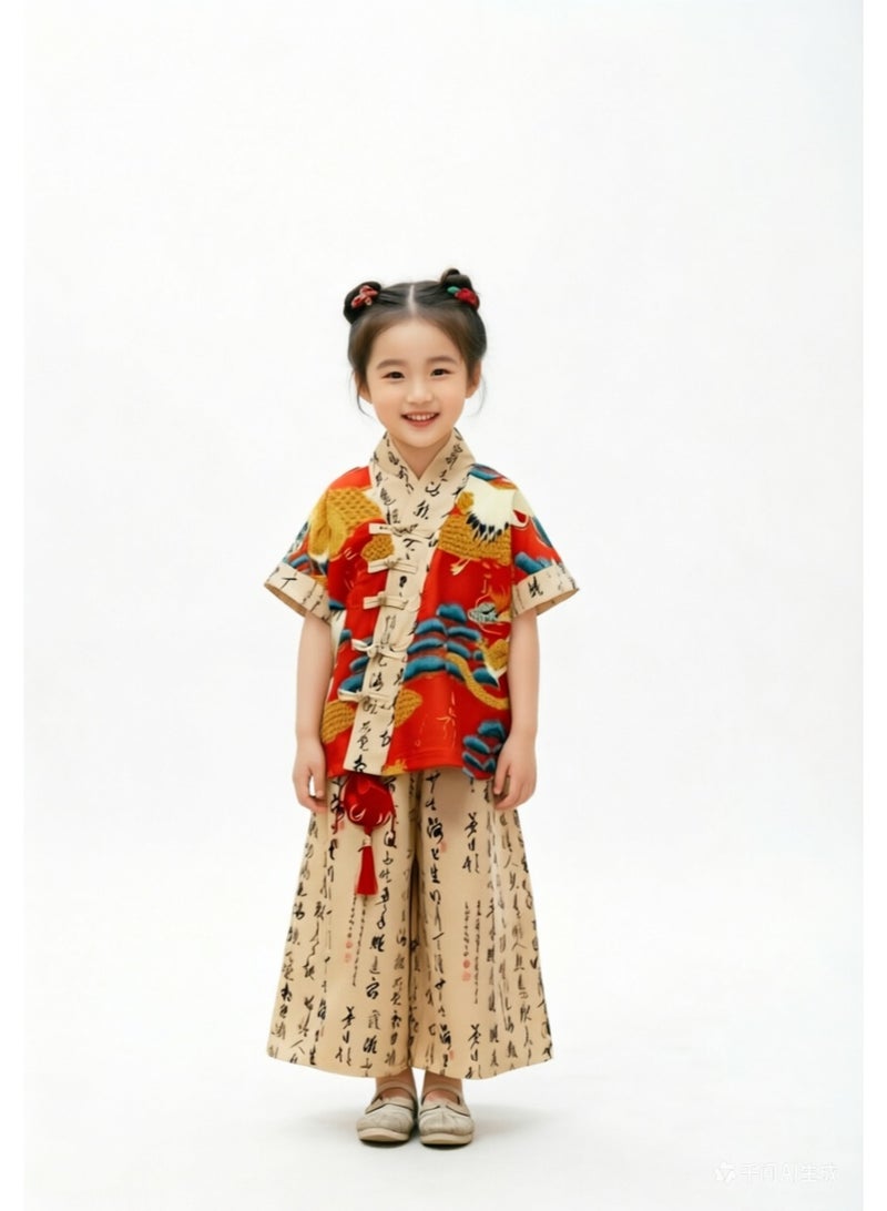 liannaner Girls Chinese Hanfu Tang Suit 2-Piece Set, Traditional Chinese New Year Outfit with Crane & Calligraphy Print, Short Sleeve Top & Wide Leg Pants for Kids - Image 1
