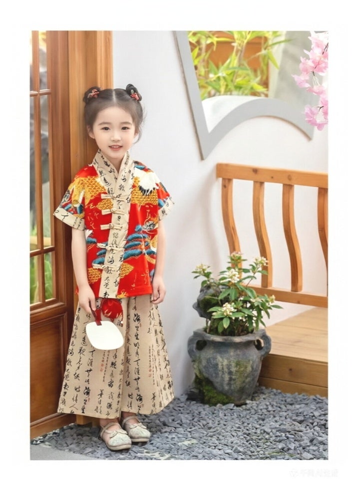 liannaner Girls Chinese Hanfu Tang Suit 2-Piece Set, Traditional Chinese New Year Outfit with Crane & Calligraphy Print, Short Sleeve Top & Wide Leg Pants for Kids - Image 3
