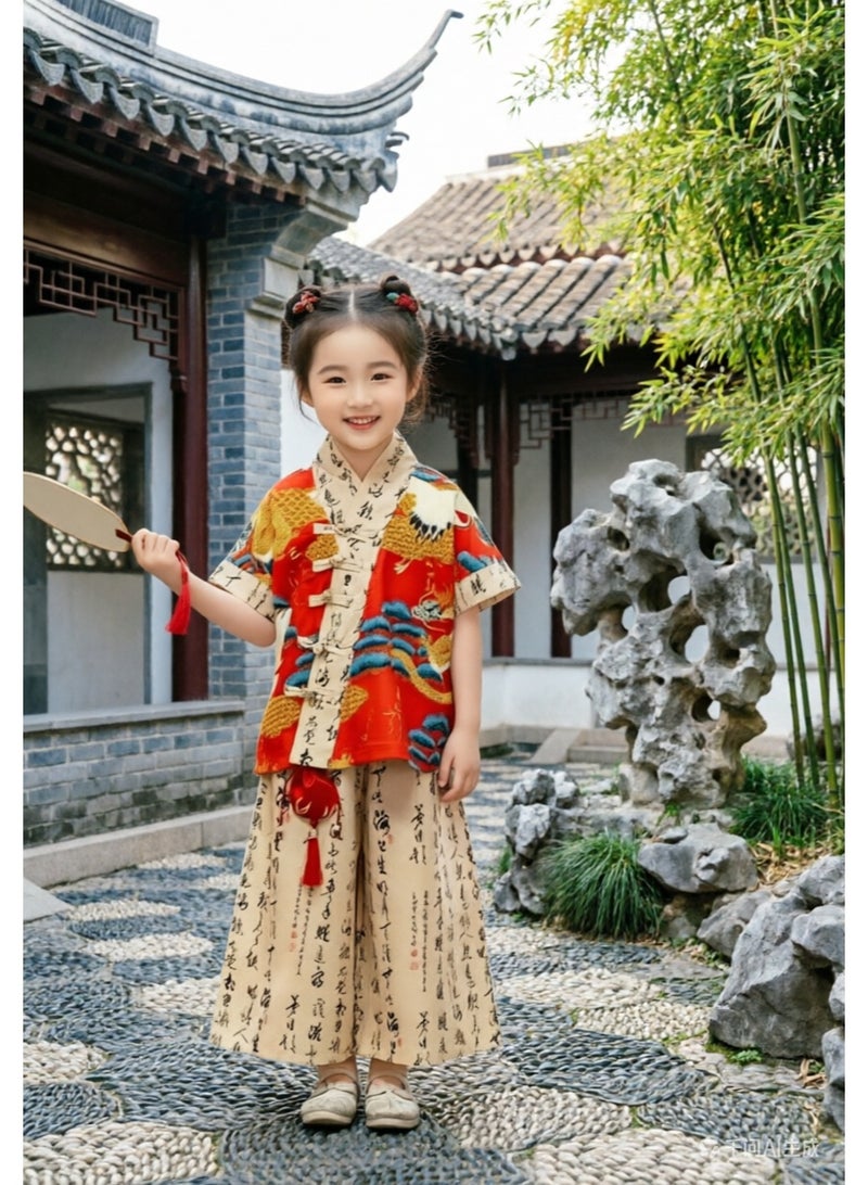 liannaner Girls Chinese Hanfu Tang Suit 2-Piece Set, Traditional Chinese New Year Outfit with Crane & Calligraphy Print, Short Sleeve Top & Wide Leg Pants for Kids - Image 5