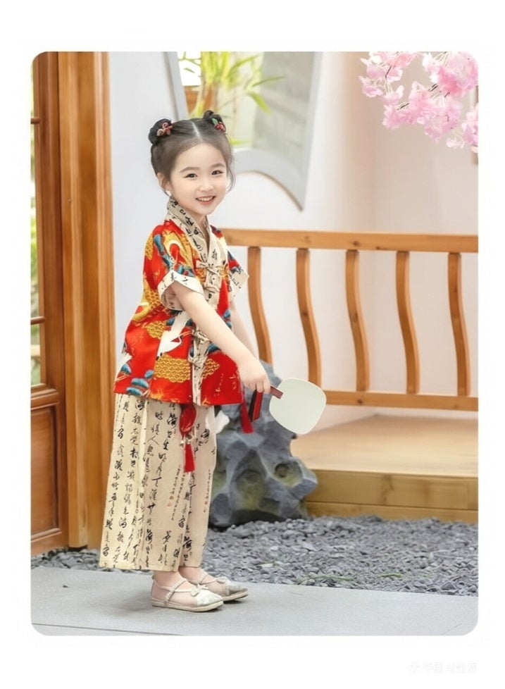 liannaner Girls Chinese Hanfu Tang Suit 2-Piece Set, Traditional Chinese New Year Outfit with Crane & Calligraphy Print, Short Sleeve Top & Wide Leg Pants for Kids - Image 4