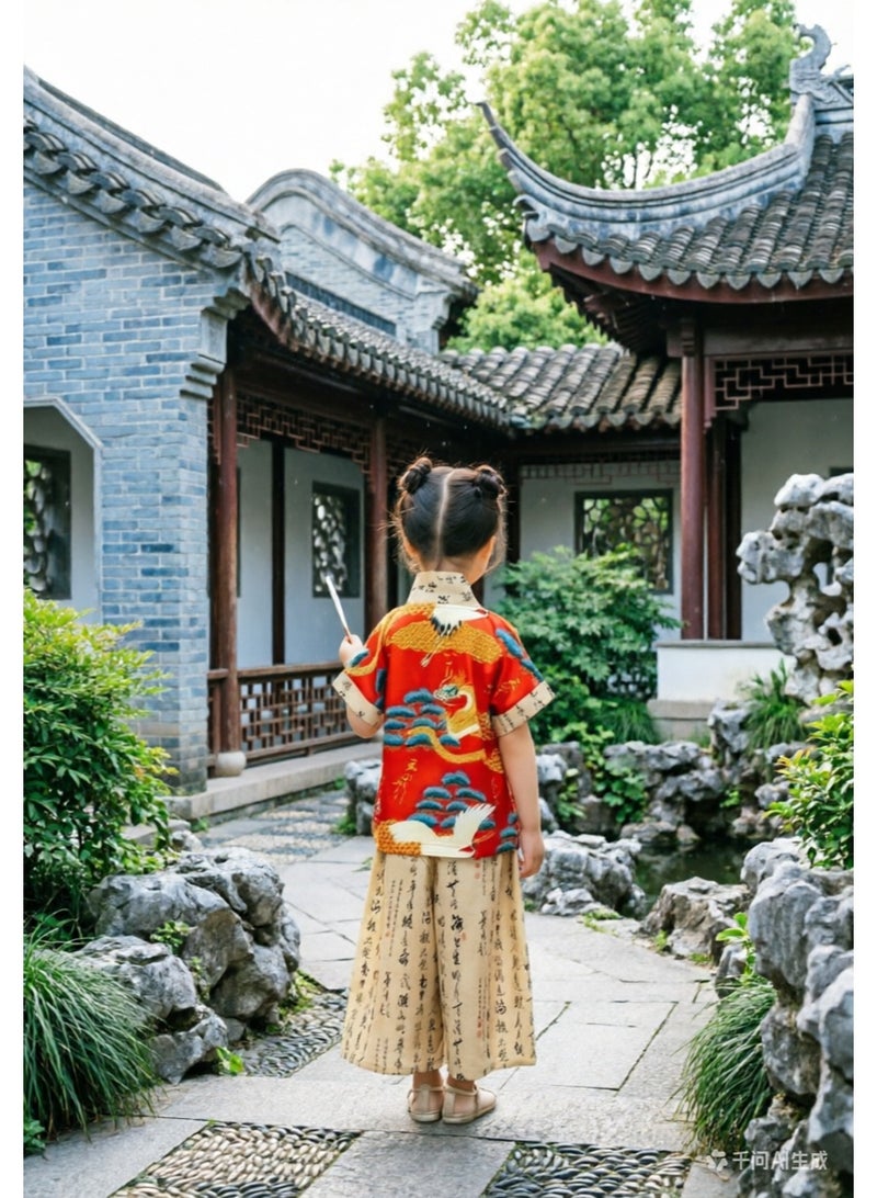 liannaner Girls Chinese Hanfu Tang Suit 2-Piece Set, Traditional Chinese New Year Outfit with Crane & Calligraphy Print, Short Sleeve Top & Wide Leg Pants for Kids - Image 2