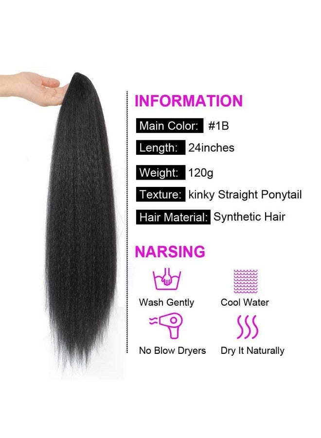 G&T Wig G&T Yaki Drawstring Ponytail Extension With Bangs Long Yaki Straight Clip In Ponytails Extension For Black Women Synthetic Hairpiece For Daily Party Use (1B 24 Inch) - Image 3