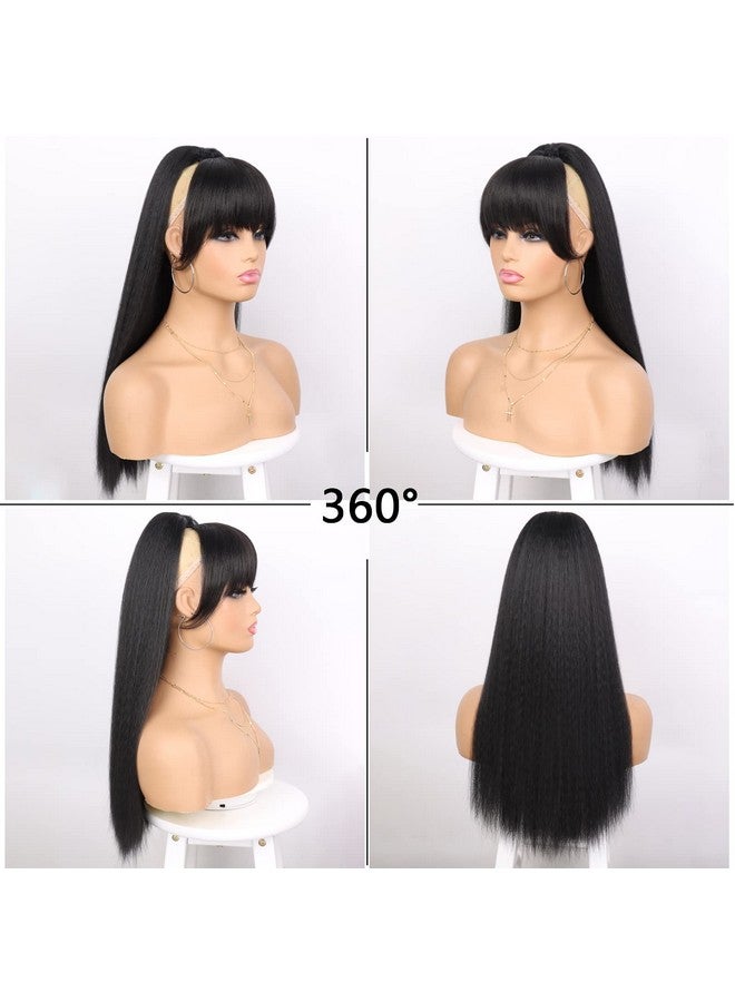 G&T Wig G&T Yaki Drawstring Ponytail Extension With Bangs Long Yaki Straight Clip In Ponytails Extension For Black Women Synthetic Hairpiece For Daily Party Use (1B 24 Inch) - Image 2