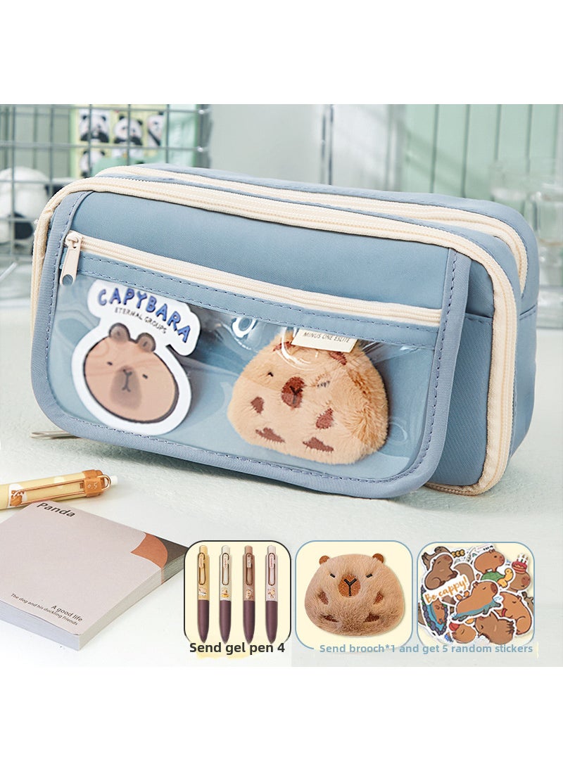 Generic - New capabala pencil case female primary school student girl High-looking large capacity stationery box junior high school student children Girl[Dolphin door forever] 9-layer blue pencil case +5 stickers +1 brooch +4 gel pens [Dolphin door forever] 9-layer blue pencil case +5 stickers +1 brooch +4 gel pens - Image 1