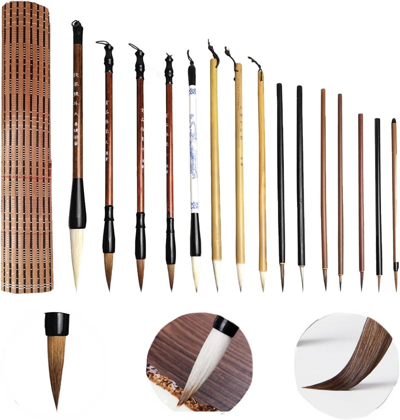 HSOKEW Chinese Calligraphy Brushes Set, 15Pcs Chinese Writing Brushes with Bamboo Pen Holder Chinese Painting Ink Brushes Japanese Sumi Drawing Brush Watercolor Writing Brushes for Art Ceramic Ink Painting - Image 1
