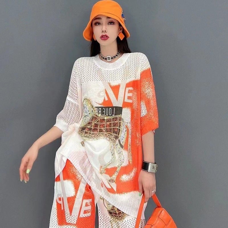 European Station suit Womens Summer 2022 New Arrival Heavy Industry Hot Drilling Loose Top Shorts Printed Fashionable Casual Two-Piece Set White top - Image 3
