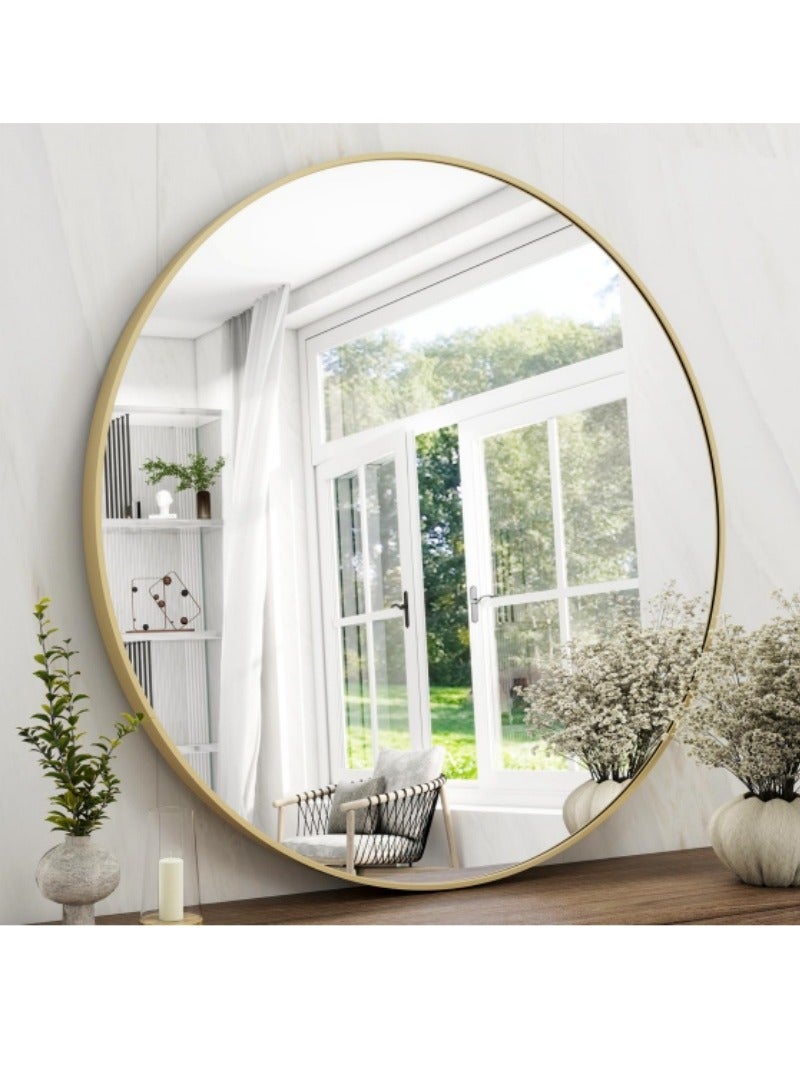 اكسيسن مرآة مكياج دائرية 60 سم، مرآة حمام، مرايا دائرية مثبتة على الحائط بإطار مقاوم للصدأ، زجاج مقاوم للكسر، مثالية للحمام وغرفة النوم وديكور غرفة المعيشة （إطار ذهبي） - Image 1