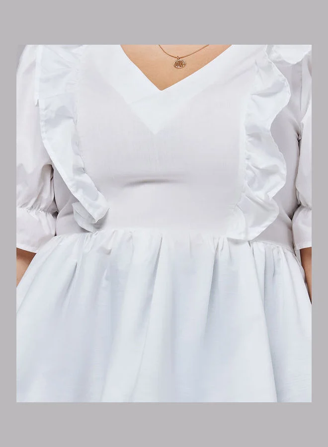 Styli Puff Sleeves Ruffle Detail Peplum Blouse