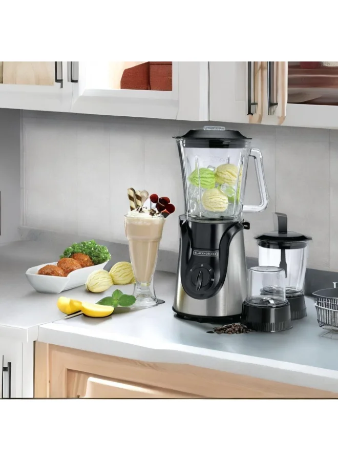 بلاك اند ديكر خلاط زجاجي مع مطحنة ومفرمة 600 واط فضي وأسود 1.5 لتر BX600G-B5