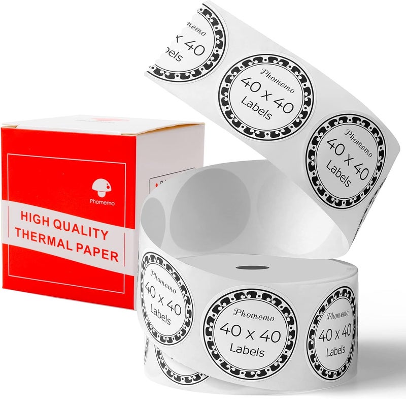 فوميمو ملصق دائري متعدد الأغراض ذاتي اللصق لصانعي الملصقات M110/M200، (40 × 40 مم) ملصق حراري لملصق الباركود، تصميم شعار DIY، أسود على أبيض - Image 1