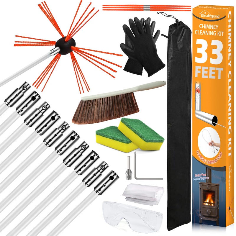 Sealegend 33 Feet Chimney Cleaning Kit Chimney Brush Chimney Sweep Kit and Chimney Cleaning Logs Fireplace Tools Set with 10 Flexible Rods