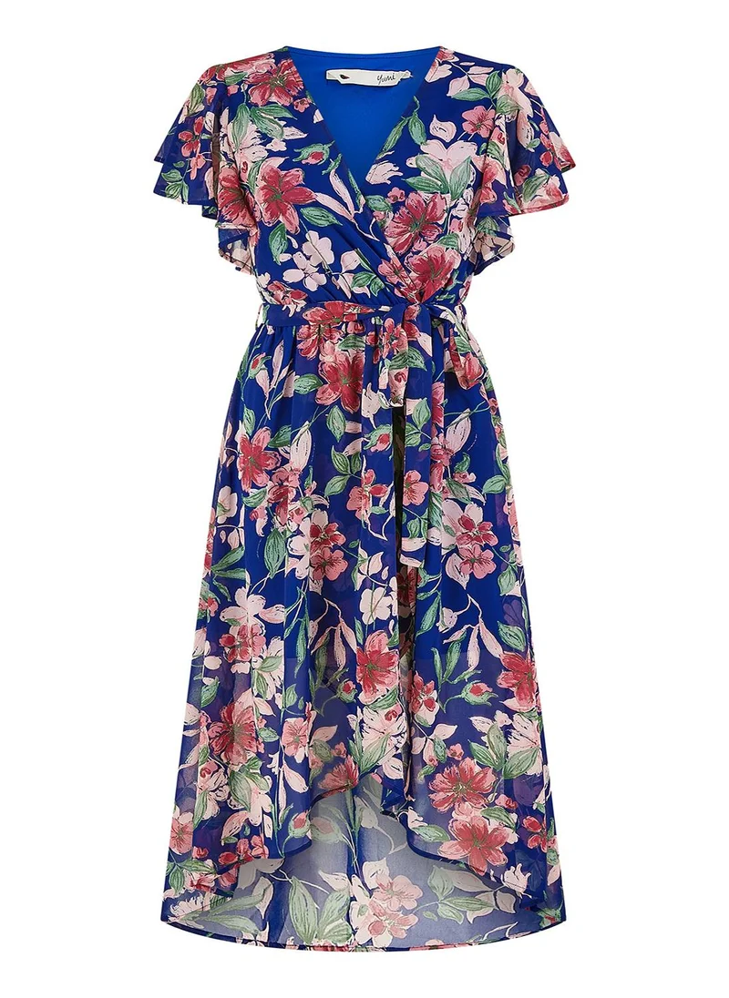 يامي Yumi Blue Floral Wrap Midi Dress With Frill Hem