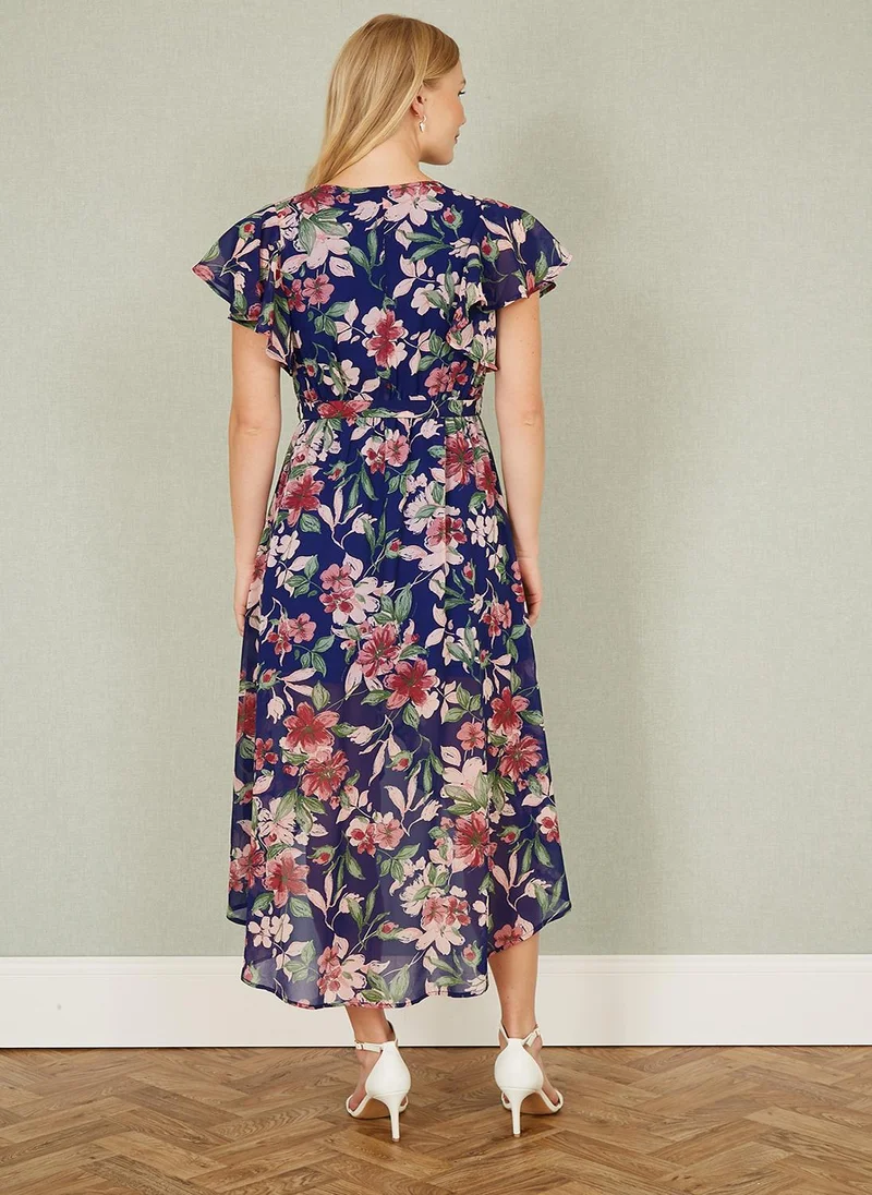 يامي Yumi Blue Floral Wrap Midi Dress With Frill Hem
