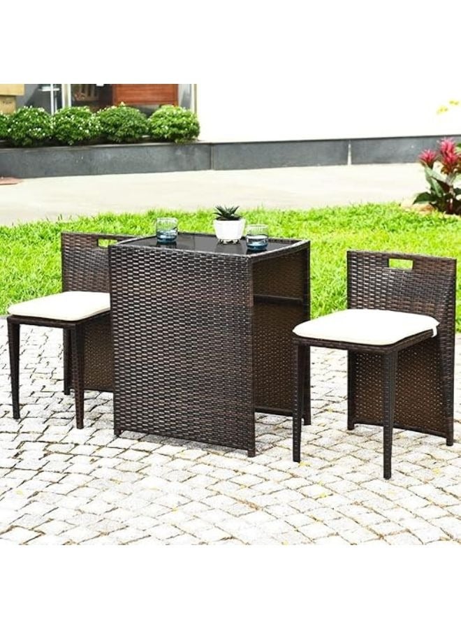 Harmony Home Harmoney Home 3-Piece Outdoor Rattan Patio Furniture Set – Brown Poly Rattan Chairs with Cushions & Glass-Top Table – (65 x 43.5 x 75 cm) - Image 2