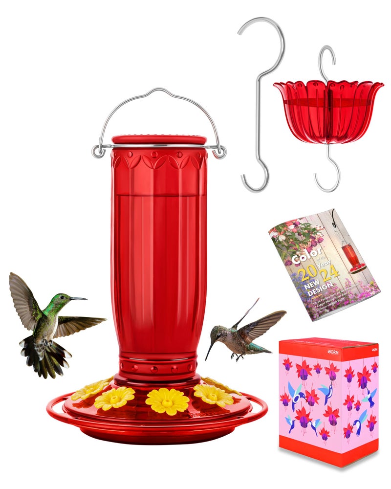 iBorn Hummingbird Feeders for Outdoors Hanging with Ant Moat for Hummingbird Feeder Glass 8 Ports for 16oz Humming Bird Nectar,Yellow Flowers Red Glass, Pack of 1 - Image 1