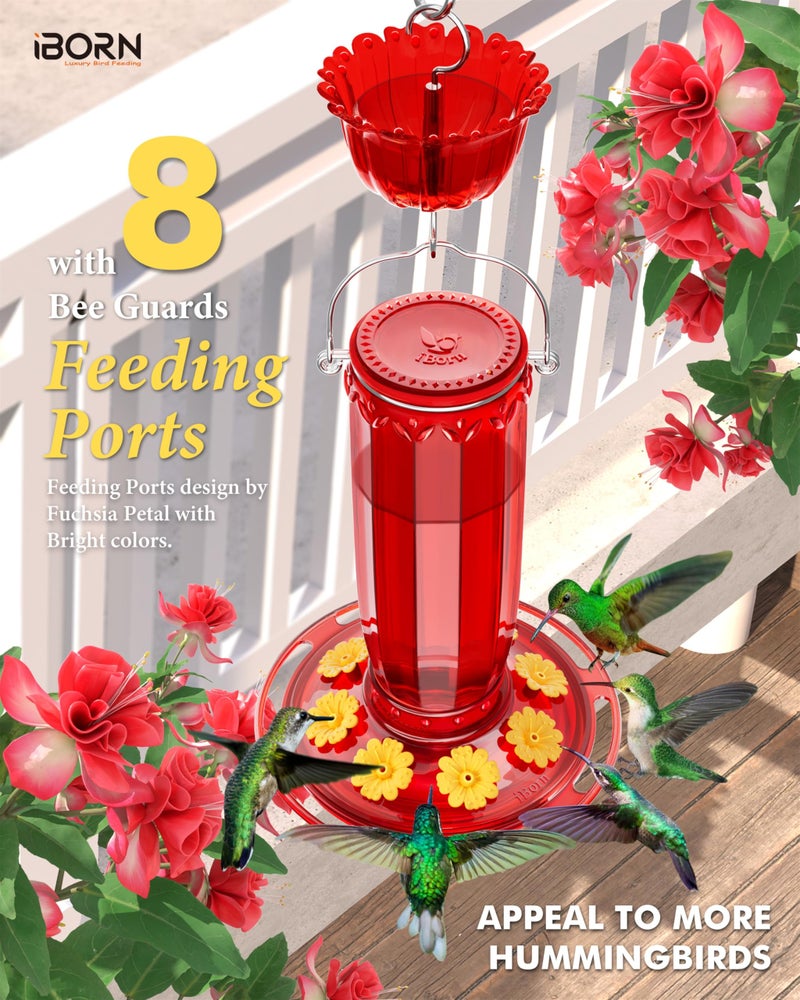 iBorn Hummingbird Feeders for Outdoors Hanging with Ant Moat for Hummingbird Feeder Glass 8 Ports for 16oz Humming Bird Nectar,Yellow Flowers Red Glass, Pack of 1 - Image 5