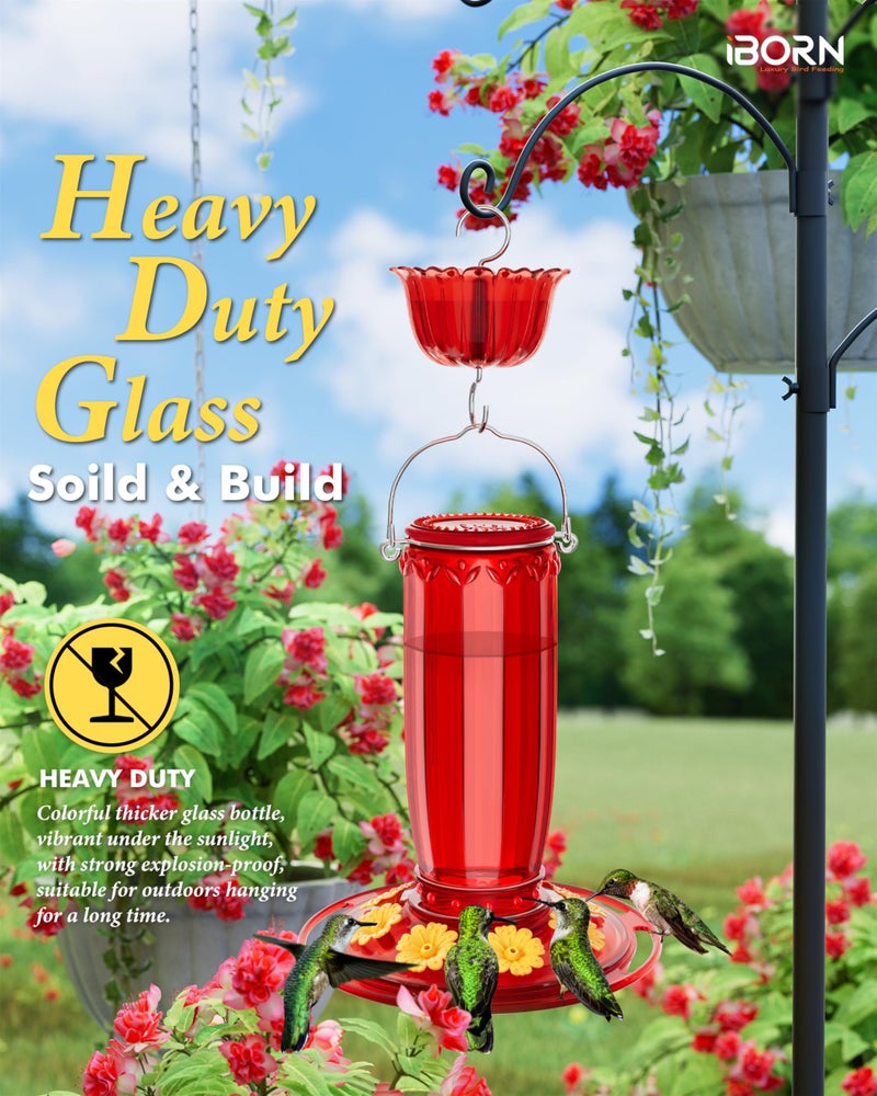 iBorn Hummingbird Feeders for Outdoors Hanging with Ant Moat for Hummingbird Feeder Glass 8 Ports for 16oz Humming Bird Nectar,Yellow Flowers Red Glass, Pack of 1 - Image 4