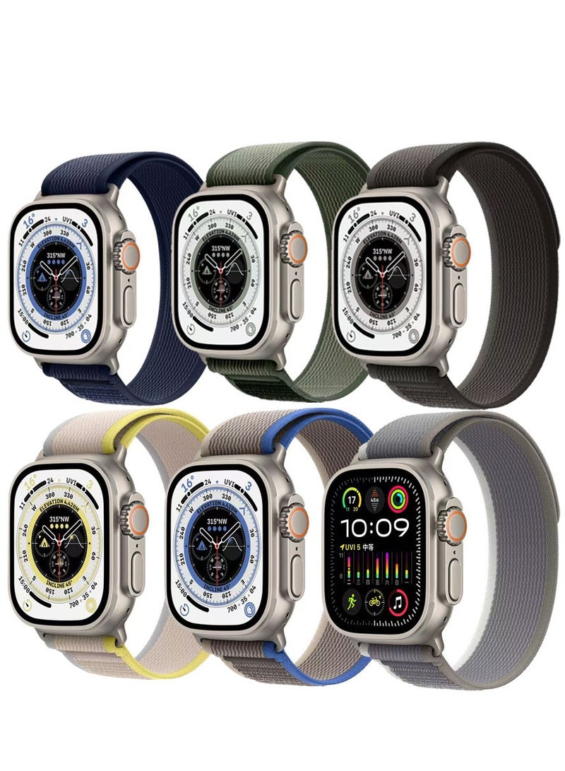 دكينج طقم مكون من 6 أحزمة استبدال من النايلون المنسوج بتصميم فيلكرو لساعة آبل آي ووتش سلسلة 11 10 مقاس 46 مم، متوافقة مع أحزمة آي ووتش مقاس 42 مم/44 مم/45 مم/46 مم/49 مم، ومناسبة لسلسلة آي ووتش 1 2 3 4 5 6 7 8 9 10 الترا 3/2 SE 3/2. الألوان: الأزرق/الأخضر/الرمادي والأسود/الأصفر والبيج/الأزرق والرمادي/الأخضر والرمادي. - Image 1