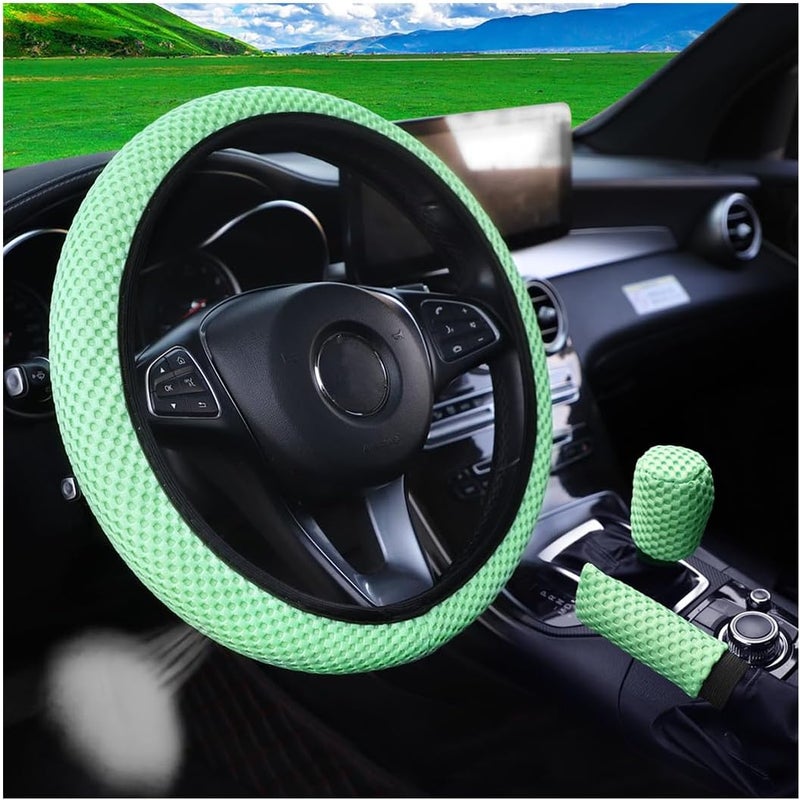 Bittwee 3PCS 15Inch Car Steering Wheel Cover Armrest Cover Gear Shift Cover Set, Microfiber Breathable Anti-Slip Automotive Steering Wheel Protector, Vehicle Interior Decor, Universal Fit（Green） - Image 1
