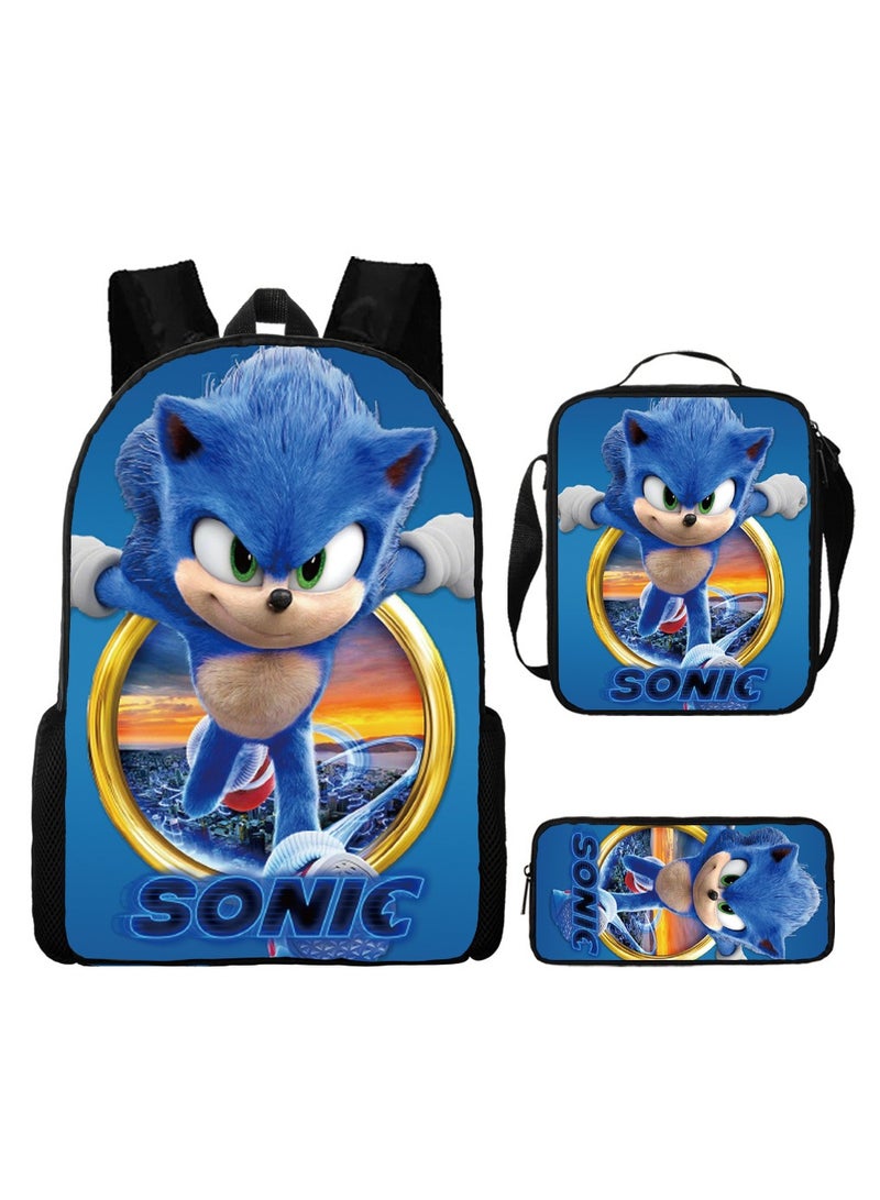 Sonic student large capacity backpack three piece set, anime cartoon backpack, shoulder bag pen bag