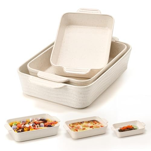 Jemirry Ceramic Baking Dish Set of 3, Casserole Dishes for Oven, Square Porcelain Bakeware Set with Handles, Lasagna Baking Pan for Cooking, Perfect for Baking and Serving, Housewarming, Halloween, Thanksgiving, Christmas, New Year-Reactive White - Image 1