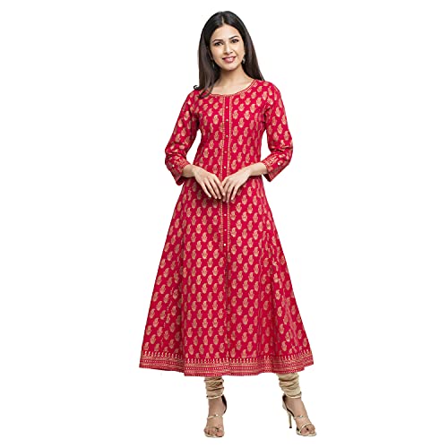 Yash Gallery Women's Cotton Gold Printed Anarkali Kurtis for Women (Red, M) - Image 1