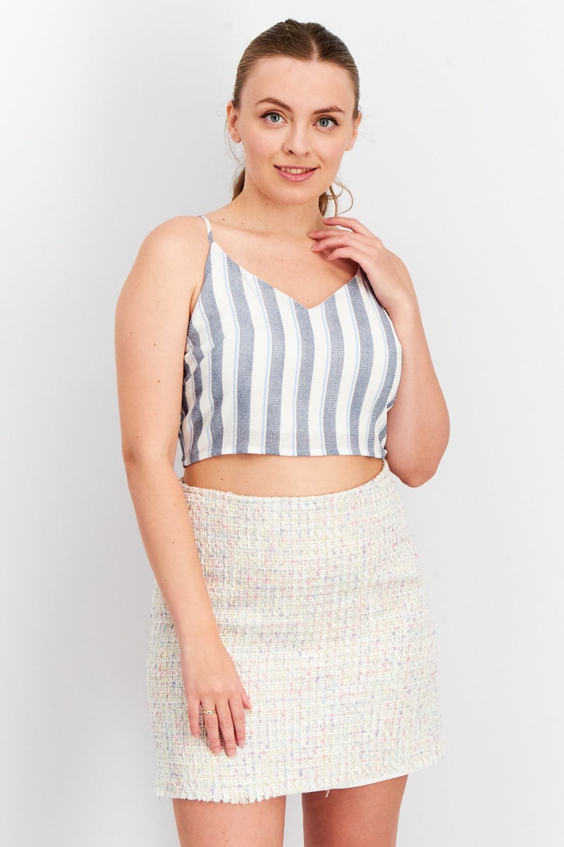 Aqua Women V-Neck Sleeveless Stripe Tops, Blue/White - Image 1