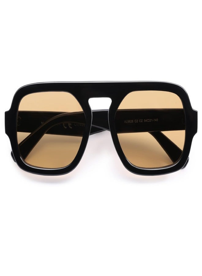 VANLINKER Retro Square Aviator Sunglasses for Women Men 70s Vintage Style Trendy Flat Top Rectangle Sun Glasses VL9826, Black Brown - Image 3