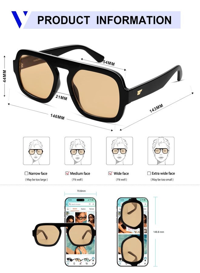 VANLINKER Retro Square Aviator Sunglasses for Women Men 70s Vintage Style Trendy Flat Top Rectangle Sun Glasses VL9826, Black Brown - Image 5