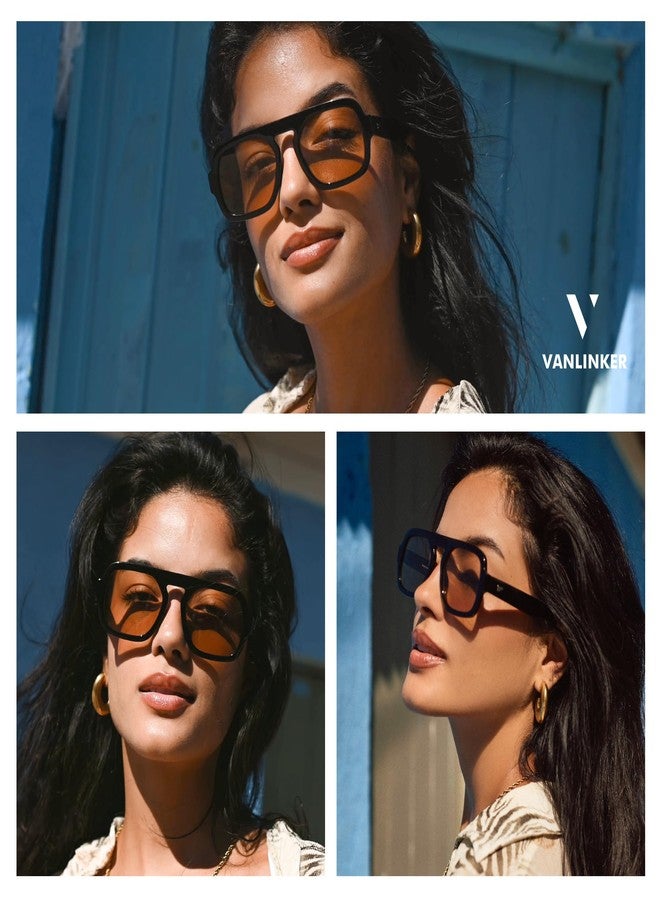 VANLINKER Retro Square Aviator Sunglasses for Women Men 70s Vintage Style Trendy Flat Top Rectangle Sun Glasses VL9826, Black Brown - Image 2