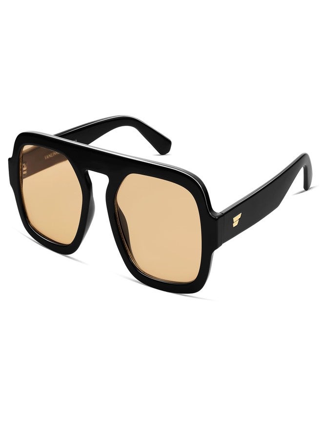VANLINKER Retro Square Aviator Sunglasses for Women Men 70s Vintage Style Trendy Flat Top Rectangle Sun Glasses VL9826, Black Brown - Image 1