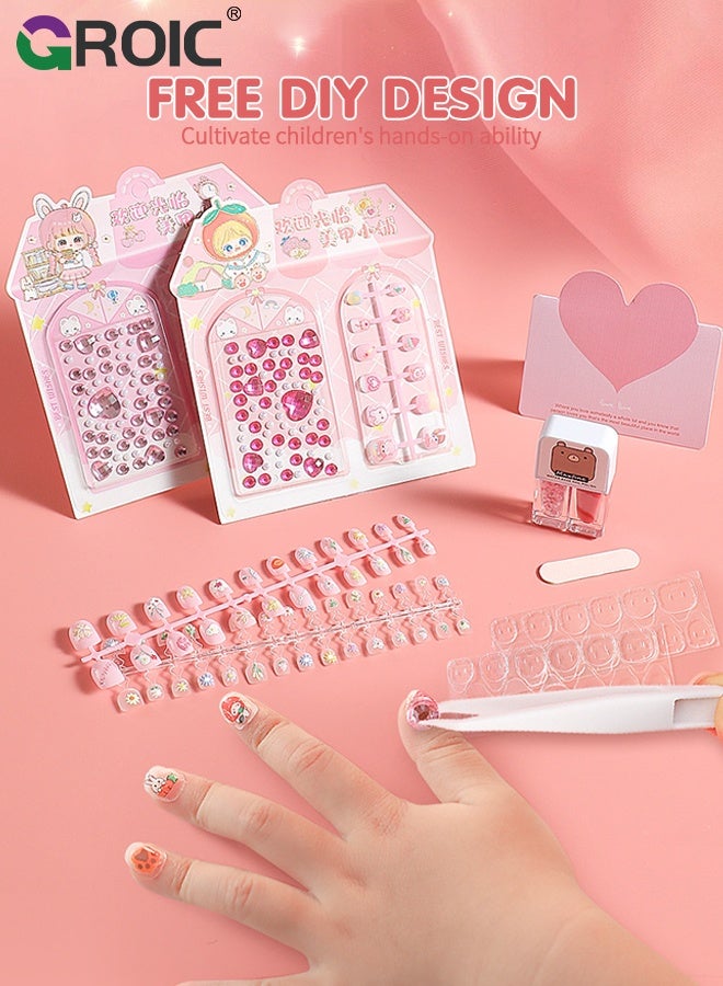GROIC Kids Nail Art Set for Girls - Press on Nails Set, Nail Polish Set, Jewelry Boxes Hair Accessories, Makeup Kit, Pre Glue Stickers Nails Full Cover Short Acrylic Nails Set Toddler Birthday Gifts Princess Toys - Image 5