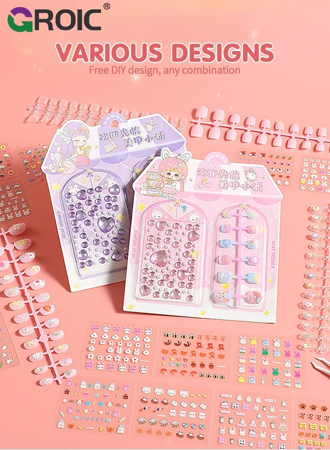 GROIC Kids Nail Art Set for Girls - Press on Nails Set, Nail Polish Set, Jewelry Boxes Hair Accessories, Makeup Kit, Pre Glue Stickers Nails Full Cover Short Acrylic Nails Set Toddler Birthday Gifts Princess Toys - Image 4