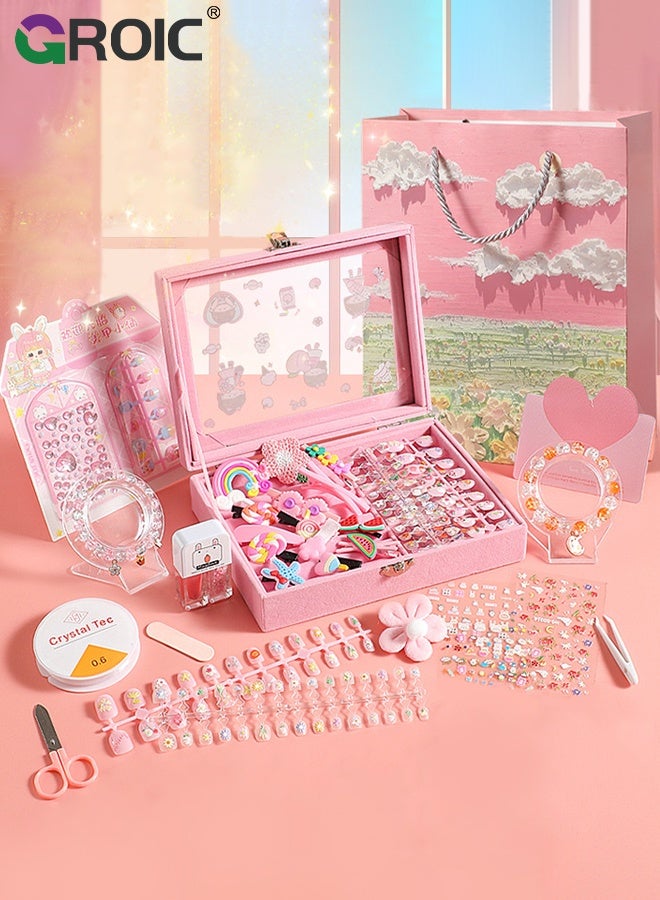GROIC Kids Nail Art Set for Girls - Press on Nails Set, Nail Polish Set, Jewelry Boxes Hair Accessories, Makeup Kit, Pre Glue Stickers Nails Full Cover Short Acrylic Nails Set Toddler Birthday Gifts Princess Toys - Image 1