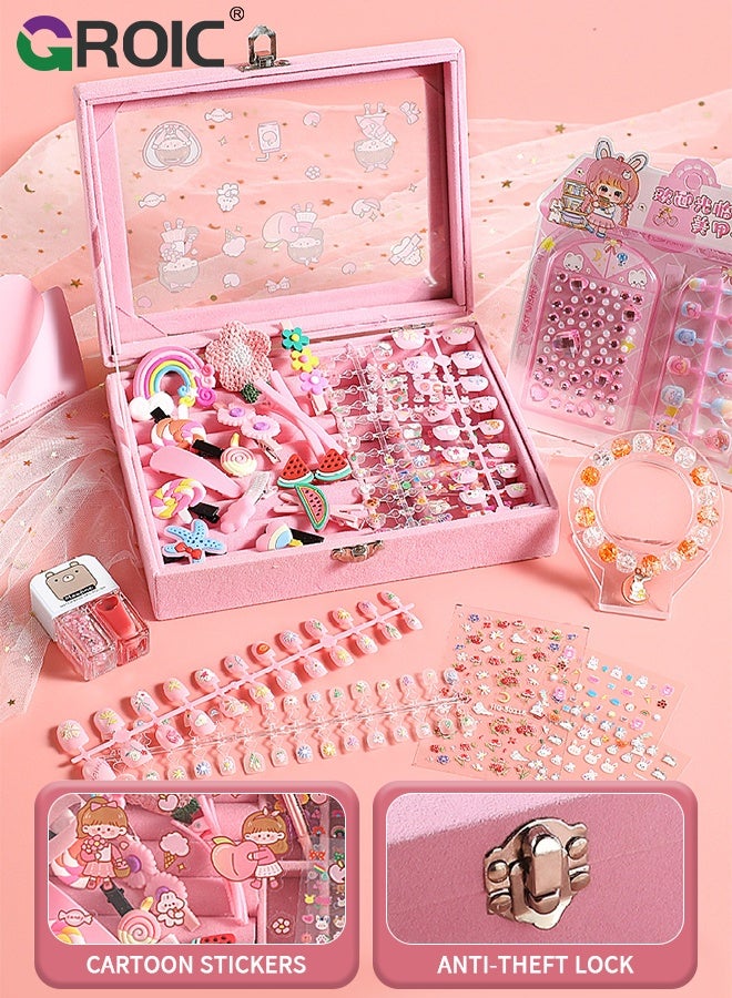 GROIC Kids Nail Art Set for Girls - Press on Nails Set, Nail Polish Set, Jewelry Boxes Hair Accessories, Makeup Kit, Pre Glue Stickers Nails Full Cover Short Acrylic Nails Set Toddler Birthday Gifts Princess Toys - Image 2