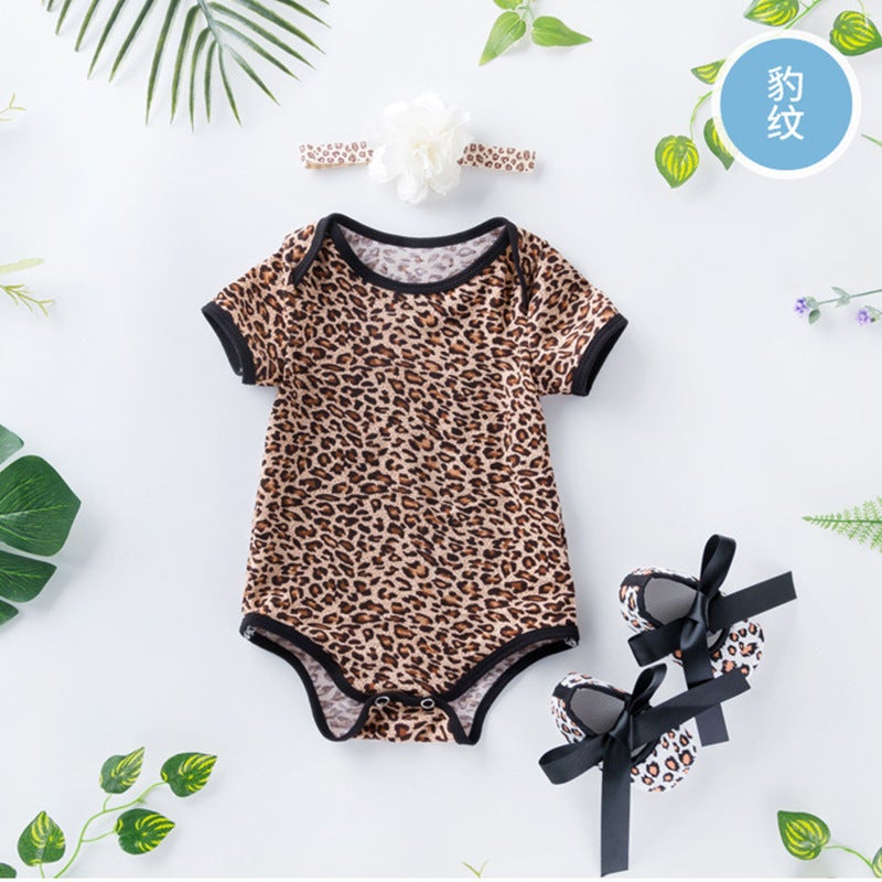 Factory direct baby onesie summer dress short-sleeved romper shoes suit women's romper leopard print children's clothing whole Leopard print set of 3 59(0-3 months) - Image 1