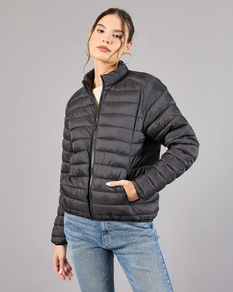 REDTAG Women Black Quilted Jacket