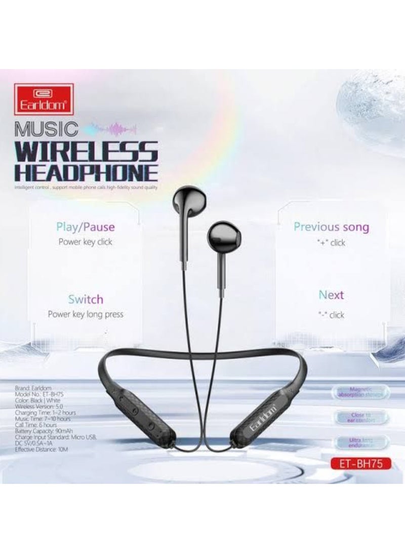 Earldom BH75 Magnetic Bluetooth Earphones, Hanging Sports Earbuds with Stereo Microphone - Black - Image 2