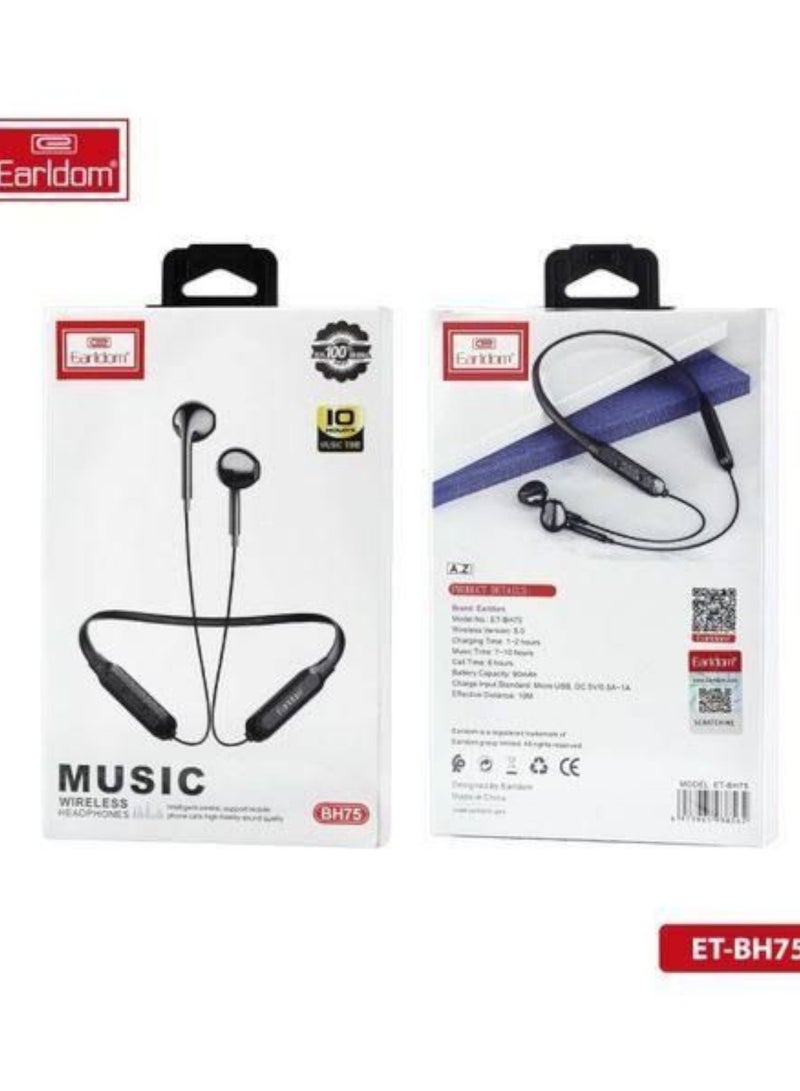 Earldom BH75 Magnetic Bluetooth Earphones, Hanging Sports Earbuds with Stereo Microphone - Black - Image 1