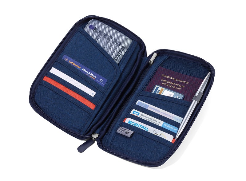Troika Safe Flight TRV20/DB case for Travel documents, with Anti-scan Film for RFID Chips, Zip, 12 Inner compartments, Pen Loop, Made of Polyester, Dark Blue/Orange - Image 4