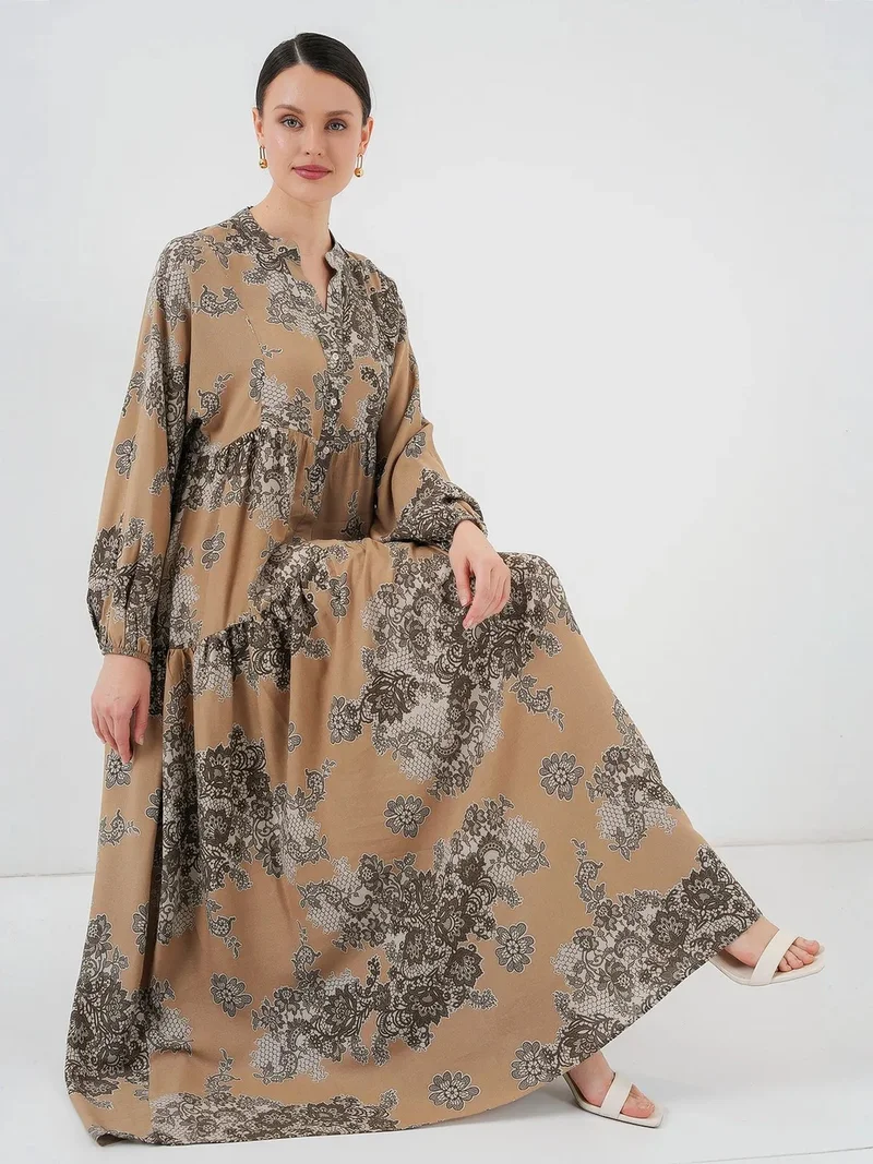 Big Dart Beige Natural BDART Printed V-Neck Maxi Dress with Button Closure for Women | Best Price UAE
