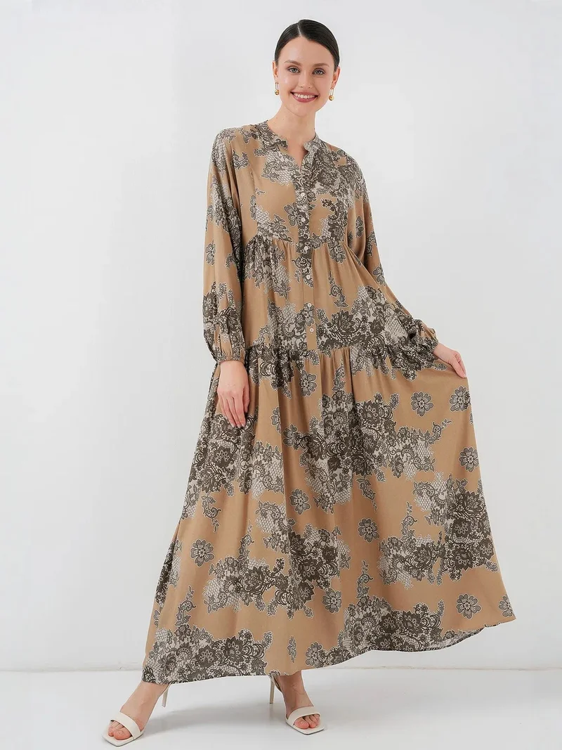 Big Dart Beige Natural BDART Printed V-Neck Maxi Dress with Button Closure for Women | Best Price UAE
