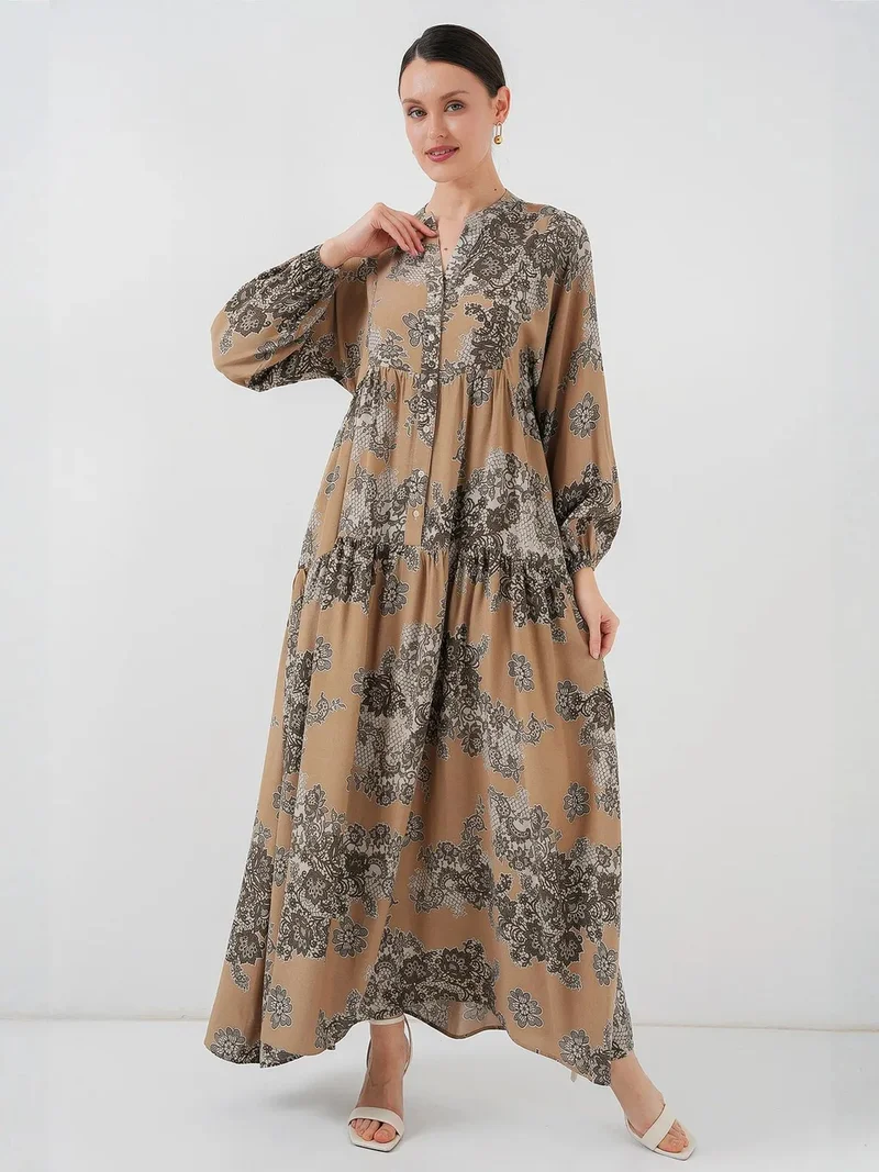 BDART Printed V-Neck Maxi Dress with Button Closure