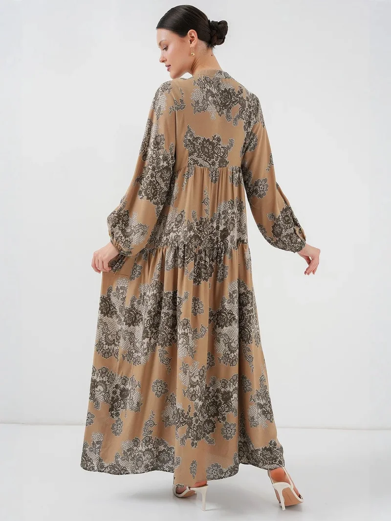 Big Dart Beige Natural BDART Printed V-Neck Maxi Dress with Button Closure for Women | Best Price UAE