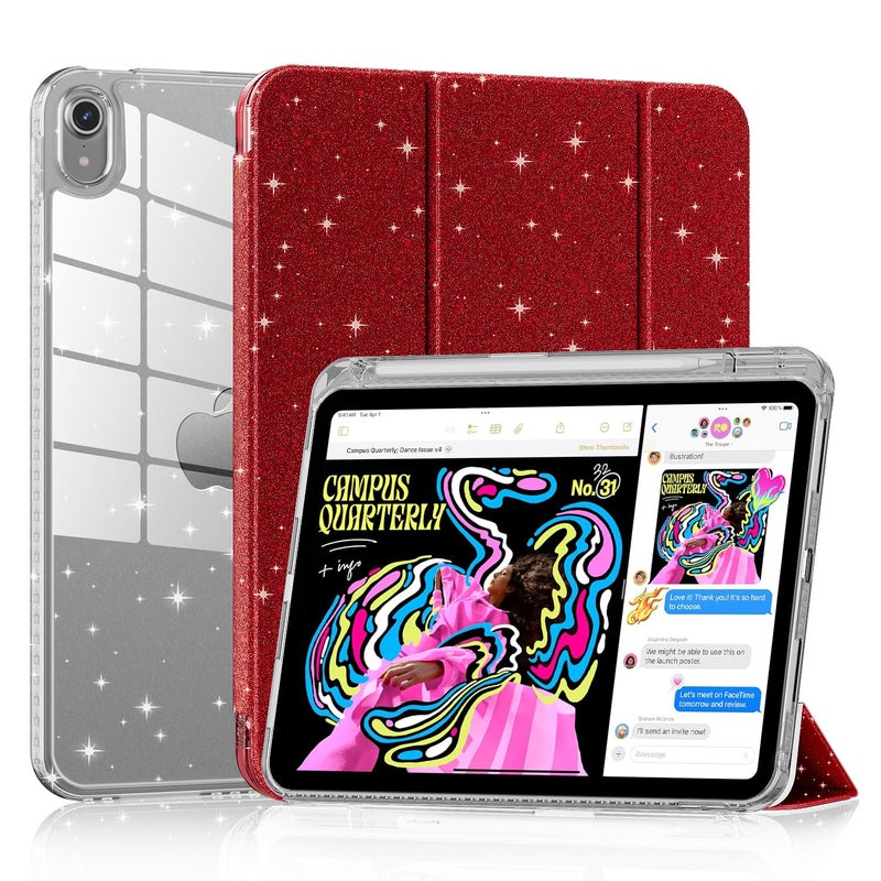 Lainergie Case for iPad (A16) 11th Generation 11-inch 2025, iPad 10th Generation 10.9-inch 2022, Cute Glittering Sparkly Shockproof Cover with Sparkly Crystal Clear Back and Pencil Holder,ï»¿ (Red)